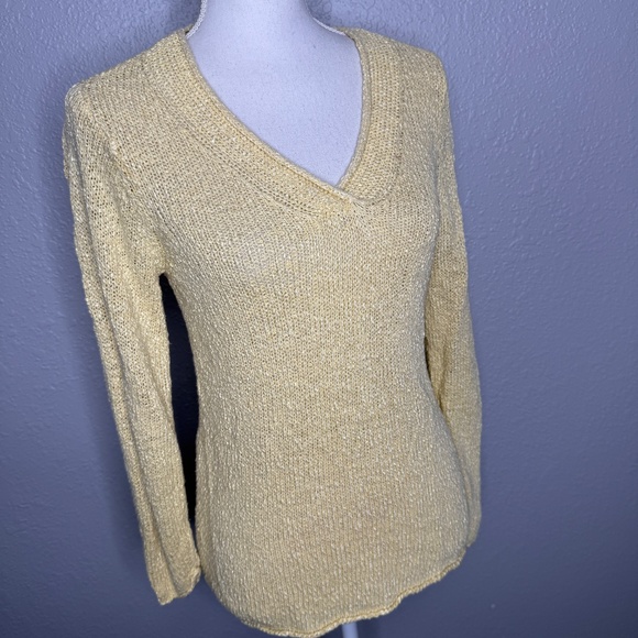 Eileen Fisher Yellow Open Knit Linen Blend V Neck Pullover Sweater - Picture 6 of 8